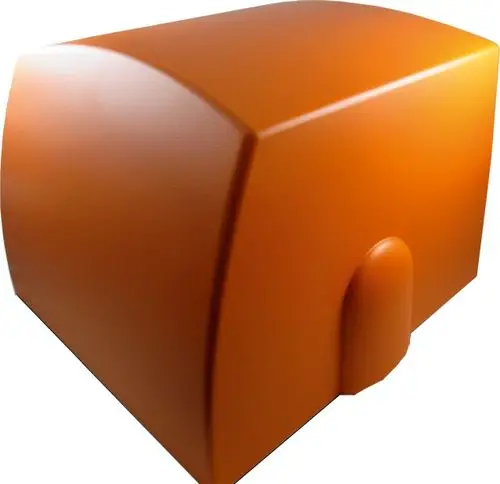 Orangefarbene Schalldämmhaube von Wolf, mit abgerundeten Kanten und einem Scharnier, geeignet für technische Anwendungen.